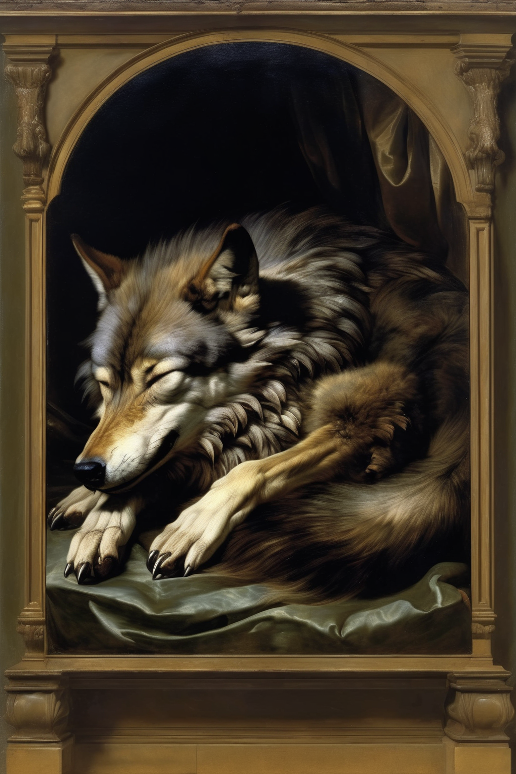 01001-4184990102-_lora_Willem van Aelst Style_1_Willem van Aelst Style - sleeping wolf, full body, in the style of a painting.png